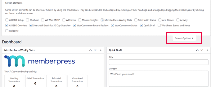 Screen Options on the Dashboard page in WordPress admin area Screen Options on the Dashboard page in WordPress admin area