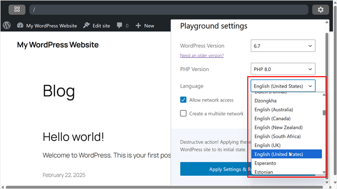 Choosing an admin language in WordPress Playground Choosing an admin language in WordPress Playground