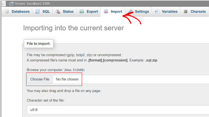 Import database in phpMyAdmin panel Import database in phpMyAdmin panel