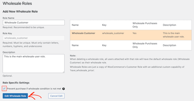 Editing the wholesale user role Editing the wholesale user role