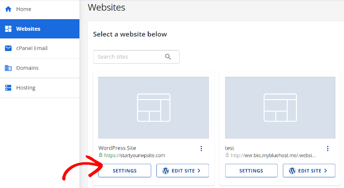 Go to site settings in Bluehost Go to site settings in Bluehost