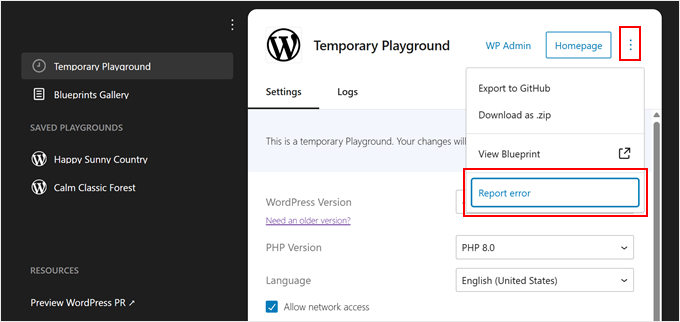 Reporting an error in WordPress Playground Reporting an error in WordPress Playground