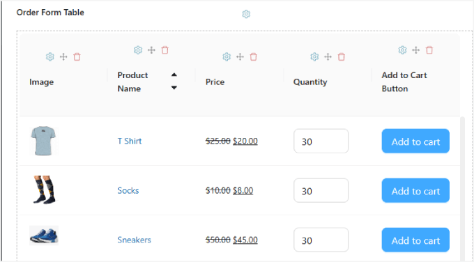 Order form table Order form table