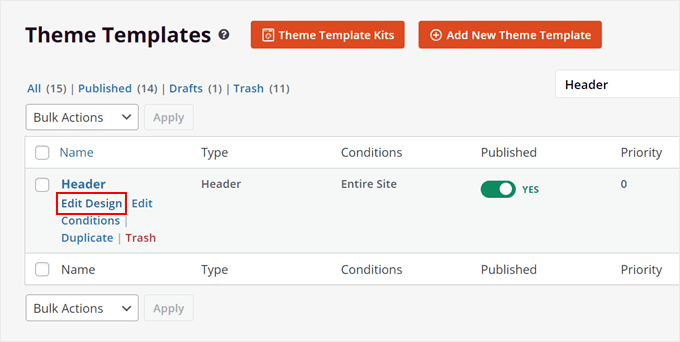 Editing the header theme template in SeedProd Editing the header theme template in SeedProd