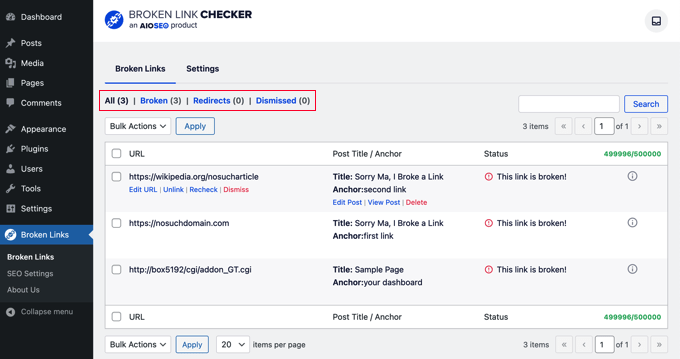 The AIOSEO Broken Link Checker dashboard The AIOSEO Broken Link Checker dashboard