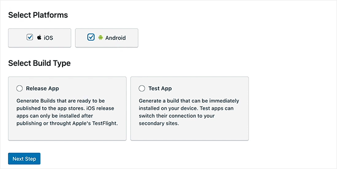 Select platforms and Build Type in BuddyBoss App