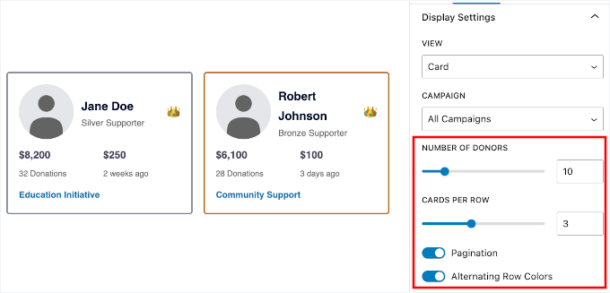 Adjusting the number of donors and pagination