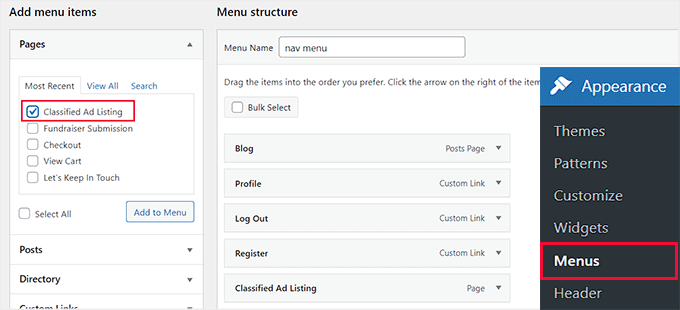 Add Classified listings page to navigation menu Add Classified listings page to navigation menu
