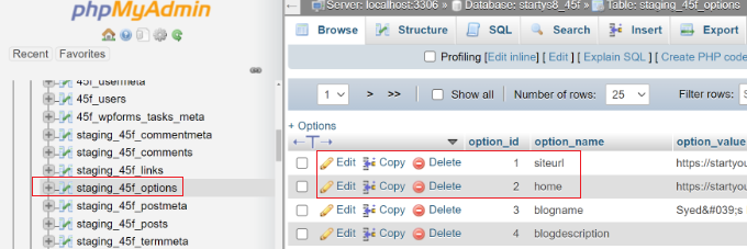 open the options table Open the options table