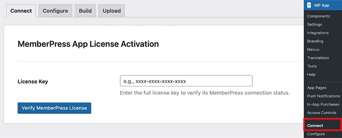 Add MemberPress AppKit license key in WordPress