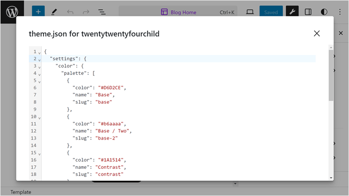 Viewing the newly edited theme.json in Create Block Theme Viewing the newly edited theme.json in Create Block Theme