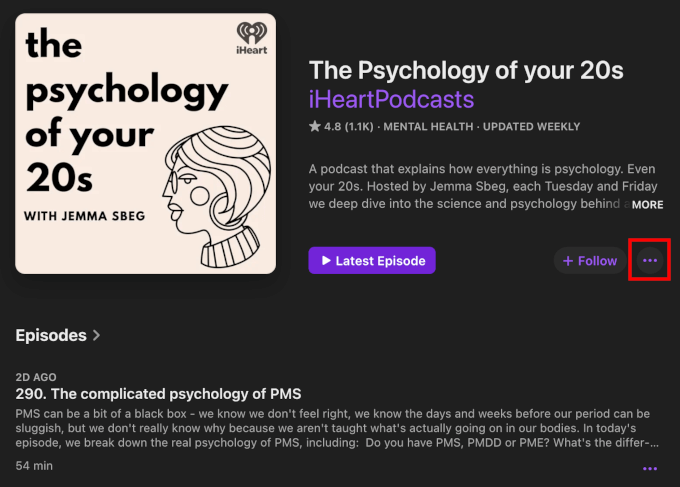 Finding the three-dot button for an Apple Podcasts show Finding the three-dot button for an Apple Podcasts show