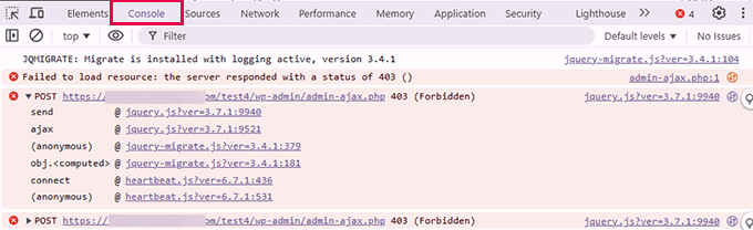 Errors in browser console indicating problems Errors in browser console indicating problems