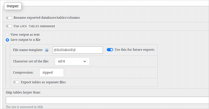 Select database backup output Select database backup output