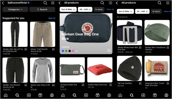 Fjallraven's Instagram shop page Fjallraven's Instagram shop page