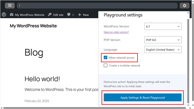 Enabling network access in WordPress Playground Enabling network access in WordPress Playground