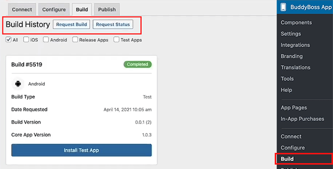 Click the Request Build button in the BuddyBoss App