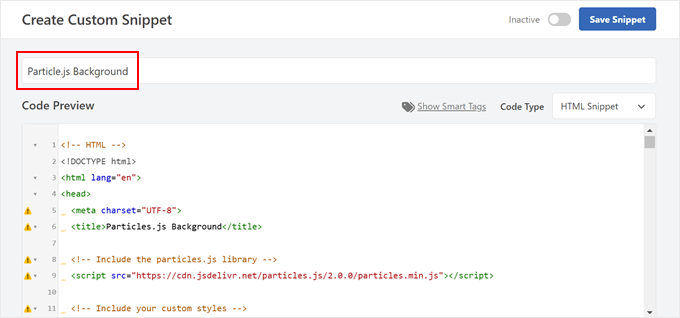 Naming a particle.js code snippet in WPCode Naming a particle.js code snippet in WPCode