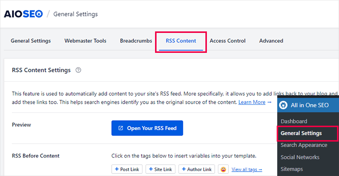 All in One SEO RSS content settings All in One SEO RSS content settings