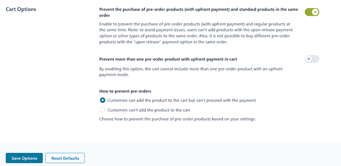 Configure pre-order cart options in YITH