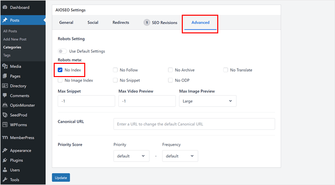 Noindexing a category page in AIOSEO Noindexing a category page in AIOSEO