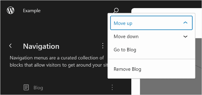 Clicking the three-dot button next to a page link in Navigation inside WordPress Full Site Editing Clicking the three-dot button next to a page link in Navigation inside WordPress Full Site Editing