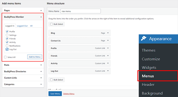 Add BuddyPress pages to navigation menu Add BuddyPress pages to navigation menu