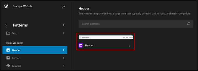 Opening the header template part in the WordPress Full Site Editor Opening the header template part in the WordPress Full Site Editor
