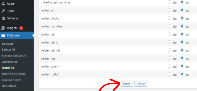 Select DB tables to repair Select DB tables to repair