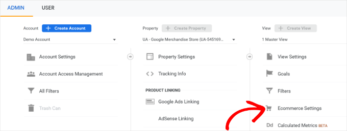 Ecommerce settings in Google Analytics Ecommerce settings in Google Analytics