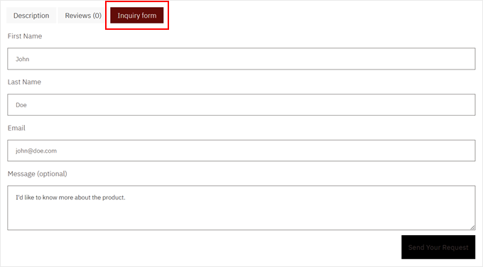 Example of an inquiry form in a WooCommerce tab Example of an inquiry form in a WooCommerce tab