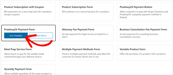 Select the Przelewy24 payment form template in WP Simple Pay Select the Przelewy24 payment form template in WP Simple Pay