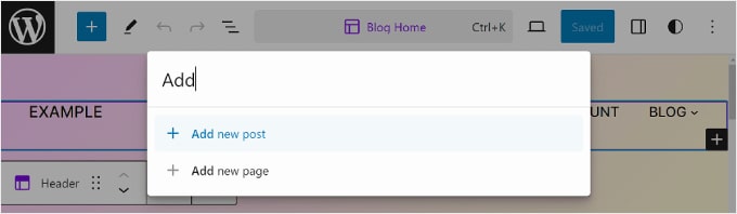 Using the Command Search Bar to add a new post or page Using the Command Search Bar to add a new post or page