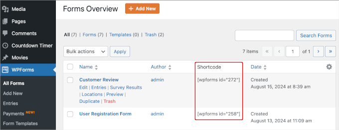 The shortcode column in WPForms page The shortcode column in WPForms page