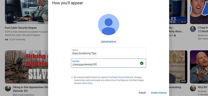 YouTube channel name and handle YouTube channel name and handle