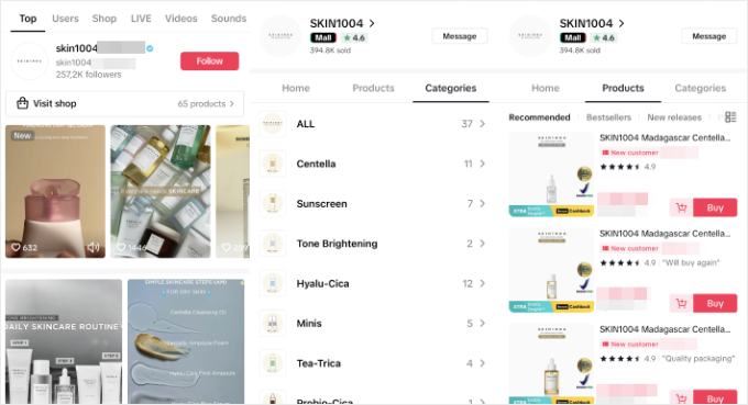Skin1004's TikTok shop page Skin1004's TikTok shop page