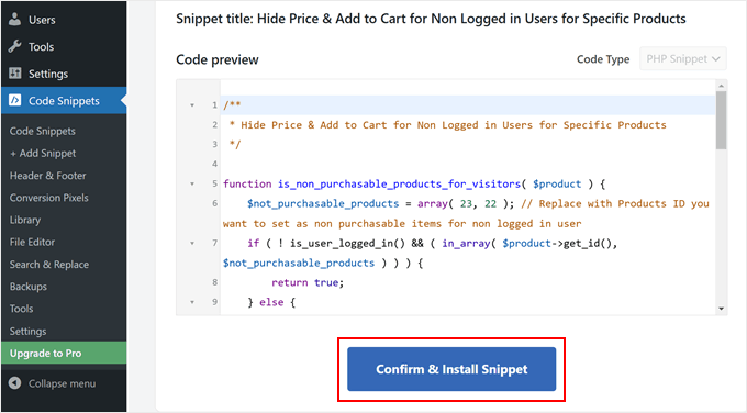 Confirming to add the WPCode code snippet Confirming to add the WPCode code snippet
