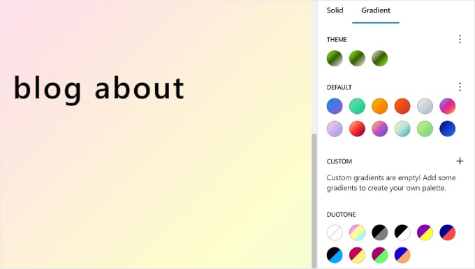 The Gradient tab in Styles settings of WordPress Full Site Editor The Gradient tab in Styles settings of WordPress Full Site Editor