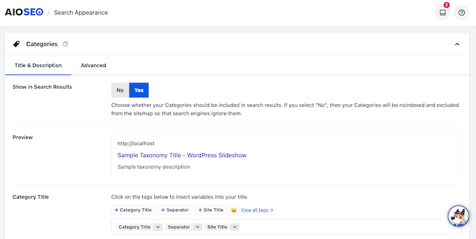 AIOSEO's categories and tags settings AIOSEO's categories and tags settings