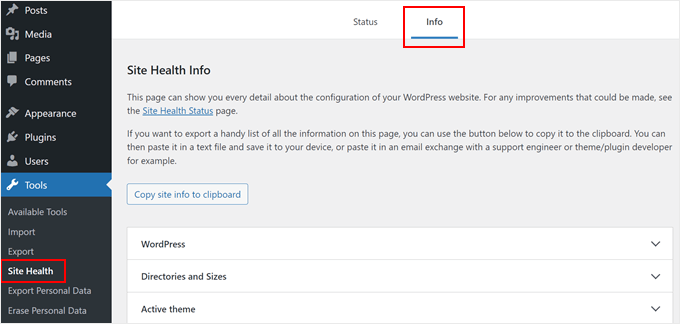 Opening Site Health Info in WordPress Opening Site Health Info in WordPress