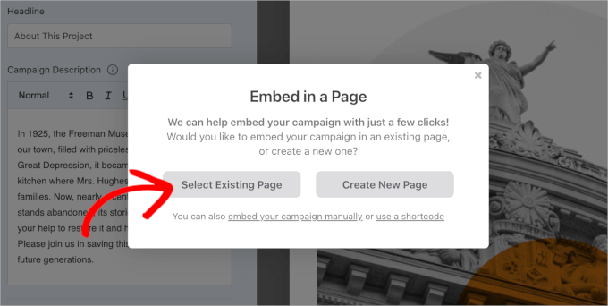 Select existing page for embedding Charitable campaign Select existing page for embedding Charitable campaign