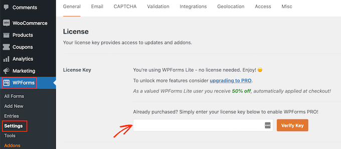 Entering your WPForms license key Entering your WPForms license key