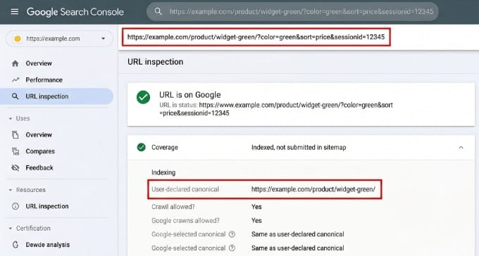 Screenshot of Google Search Console URL Inspection tool showing a parameterized URL with the canonical pointing to the clean URL version Screenshot of Google Search Console URL Inspection tool showing a parameterized URL with the canonical pointing to the clean URL version