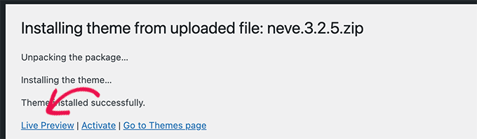 Live preview option after installing a theme Live preview option after installing a theme