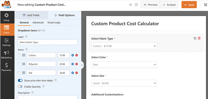 Edit the cost calculator form Edit the cost calculator form