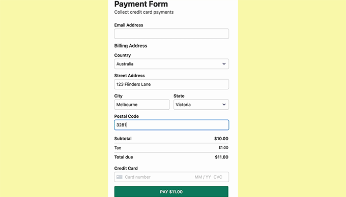 Preview of a payment form with automatic tax calculation based on location Preview of a payment form with automatic tax calculation based on location