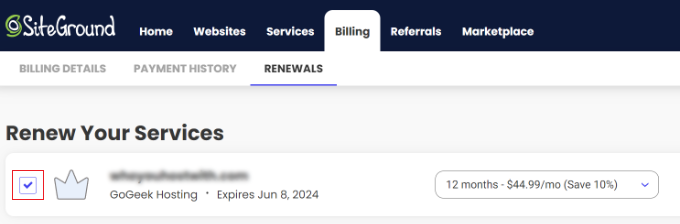 Select domain to renew in SiteGround Select domain to renew in SiteGround