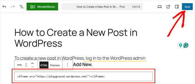 Pasting the iFrame embed code for WordPress Playground in block editor Pasting the iFrame embed code for WordPress Playground in block editor