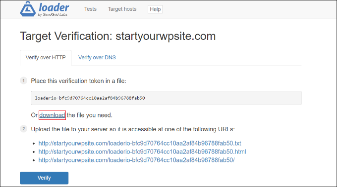 Download target verification token file Download target verification token file