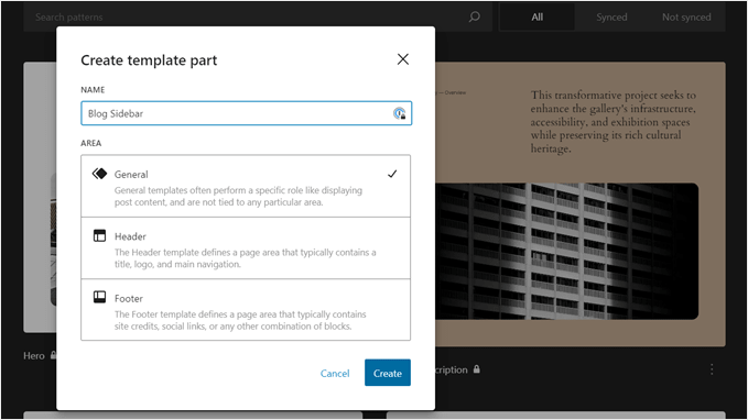 The Create template part popup in the WordPress Full Site Editor The Create template part popup in the WordPress Full Site Editor